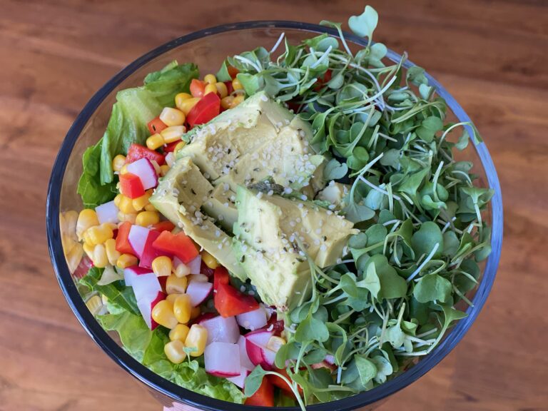 Garden Chopped Salad with Avocado and Loads of Fresh Microgreens.